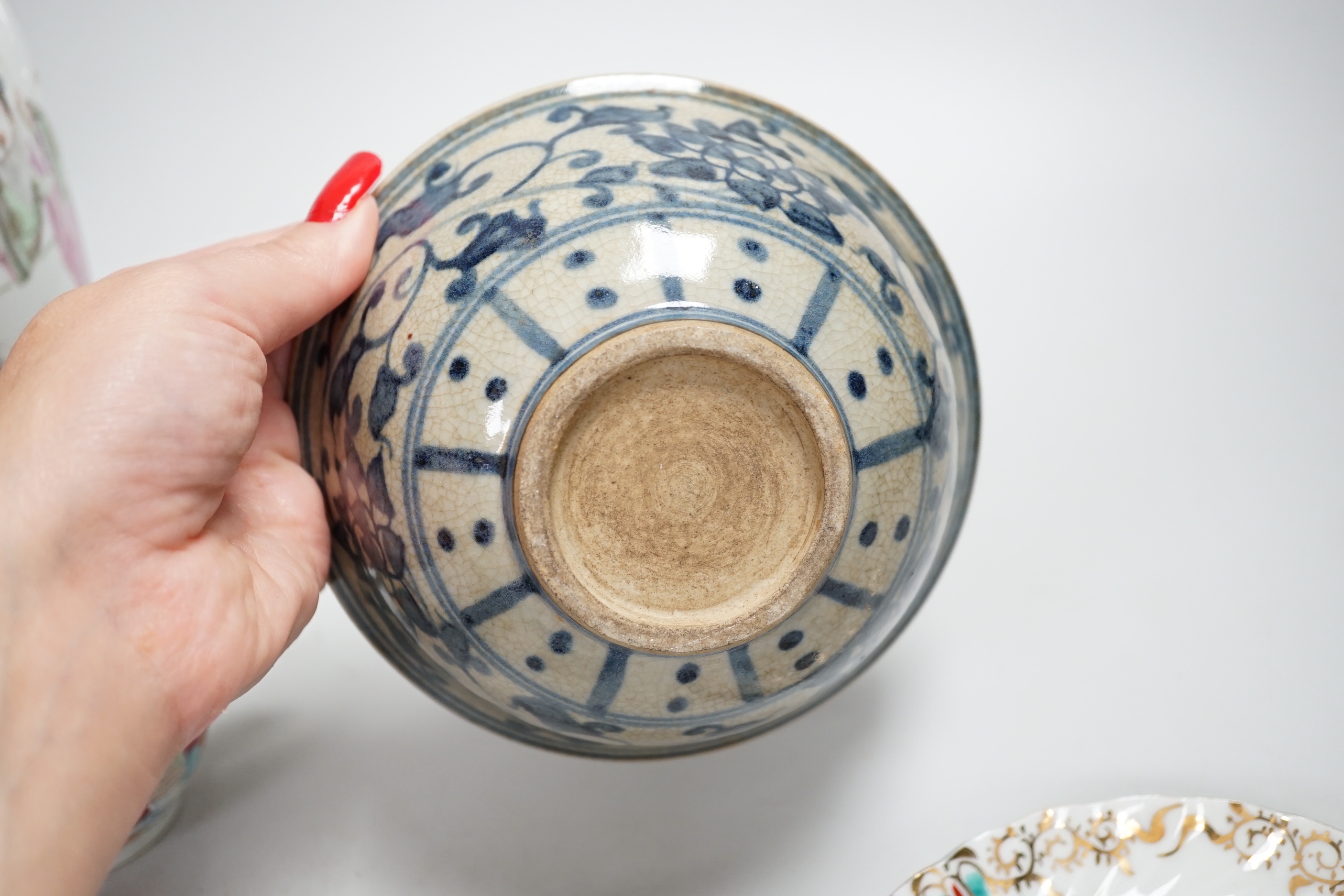 Chinese and Japanese ceramics including Canton cups and blue and white tea bowl, the largest 25cm high